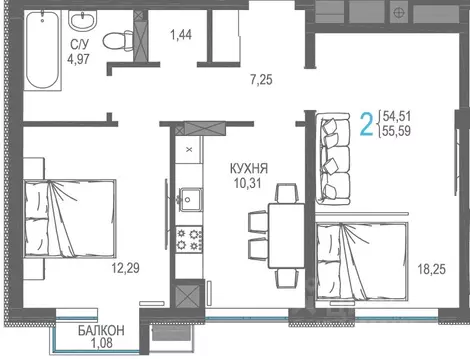 2-к кв. Крым, Симферопольский район, Гвардейское пгт, Республика жилой ...