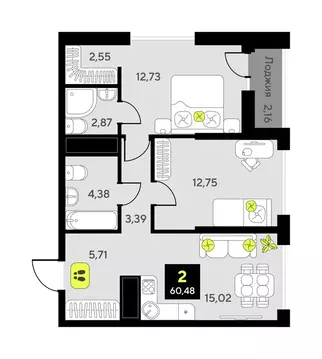 2-комнатная квартира: Тюмень, улица Андрея Приказнова, 7 (58.4 м)