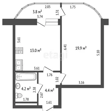 1-комнатная квартира: Анапа, улица Крылова, 17к6 (41.5 м)