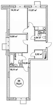 3-к кв. Нижегородская область, Нижний Новгород ул. Родионова (75.31 м)