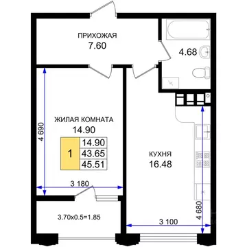 1-к кв. Краснодарский край, Новороссийск 5-я Бригада мкр,  (45.51 м)