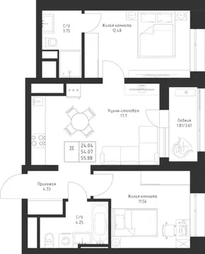 2-к кв. Татарстан, Казань Седьмое Небо жилрайон,  (55.88 м)