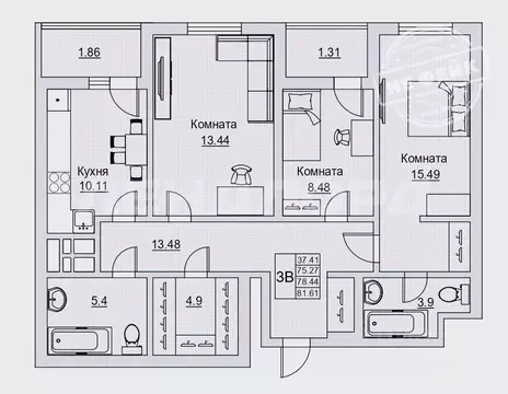 3-к кв. Ростовская область, Ростов-на-Дону Тибетская ул., 1Бс1 (81.7 ...