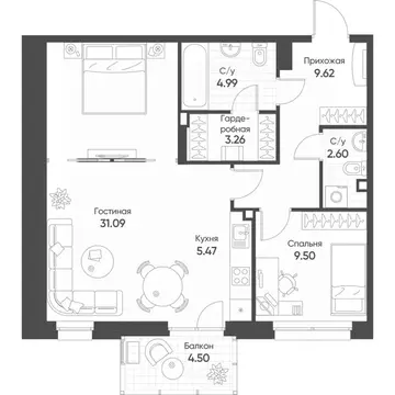 2-к кв. Татарстан, Казань ул. Гаврилова, 7к1 (67.9 м)
