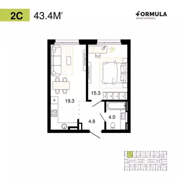 1-комнатная квартира: Уфа, ЖК Формула (43.4 м)