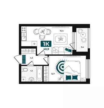 1-комнатная квартира: Тюмень, улица Евгения Войнова, 8 (40.9 м)