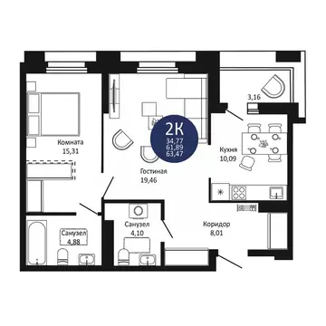 2-к кв. Новосибирская область, Новосибирск 1-й на Рябиновой жилой ...