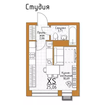 1-к кв. Тульская область, Тула 5 Баллов жилой комплекс (25.06 м)
