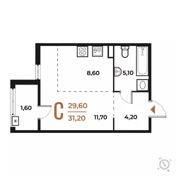 Студия Москва № 82 кв-л, Новое Летово жилой комплекс (31.2 м)