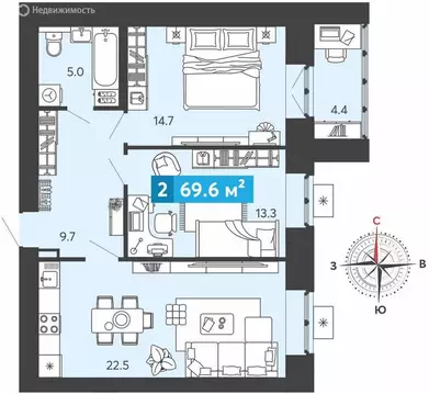 2-комнатная квартира: Засечное, Прибрежный бульвар, 5 (69.6 м)