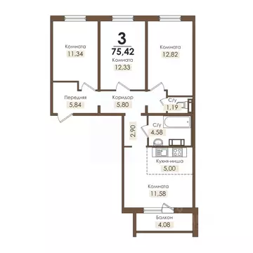 3-к кв. Челябинская область, Озерск Цветочная ул., 6 (75.42 м)