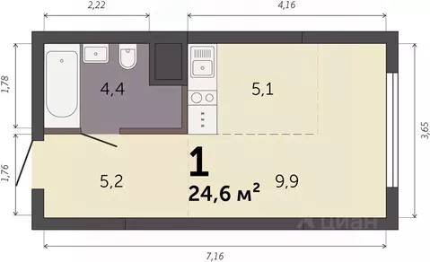 Студия Свердловская область, Екатеринбург Южный жилрайон,  (24.6 м)