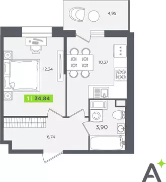 1-комнатная квартира: Кудрово, Солнечная улица, 10к1 (34.4 м)
