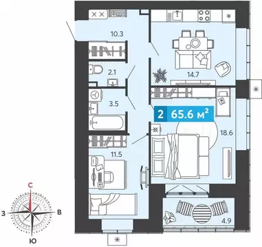 2-комнатная квартира: Засечное, Прибрежный бульвар, 5 (65.6 м)