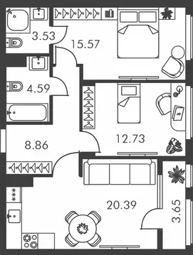 2-к кв. Тульская область, Тула ул. Карпова, 103А (69.32 м)