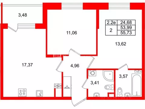 2-к кв. Санкт-Петербург Волхонское ш., 19к6 (53.3 м)