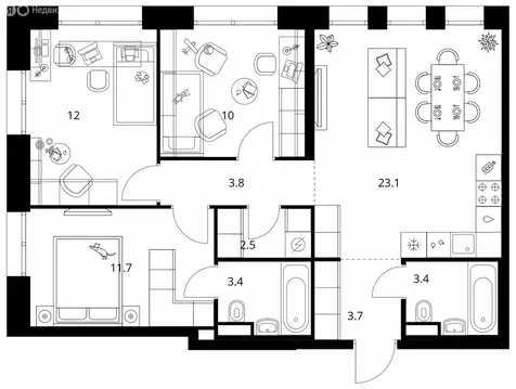 3-комнатная квартира: Москва, улица Маршала Прошлякова, 12к2с1 (73.6 ...