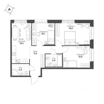 3-к кв. Свердловская область, Екатеринбург Солнечный жилрайон,  (72.9 ...