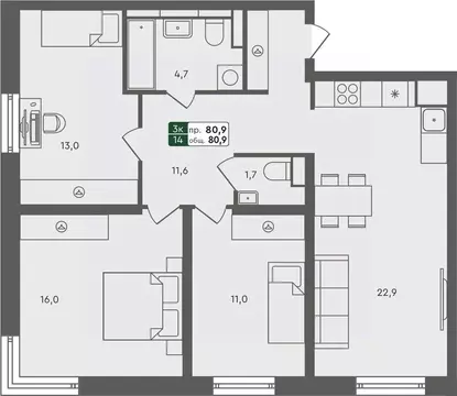 3-к кв. Курганская область, Курган Заозерный жилрайон,  (80.9 м)