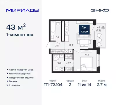 1-комнатная квартира: Тюмень, ЖК Мириады (43 м)