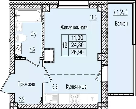 1-к кв. Псковская область, Псков Крестовский жилой комплекс (26.9 м)