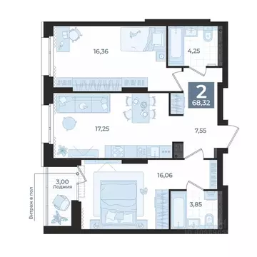 2-к кв. Свердловская область, Екатеринбург ул. Викулова, 41Б (68.32 м)