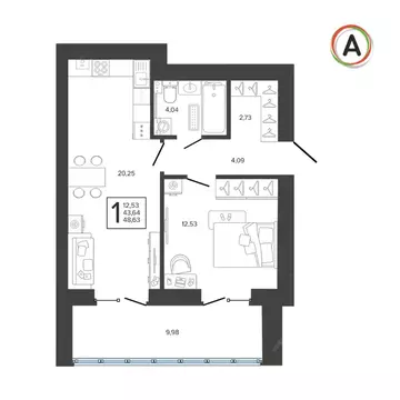 1-к кв. Брянская область, Брянск ул. Николая Амосова, 2 (48.63 м)