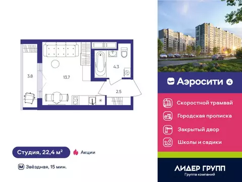 Квартира-студия: посёлок Шушары, Старорусский проспект, 3к1 (22.4 м)