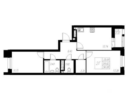 2-к кв. Татарстан, Казань Статный жилой комплекс, 1 (56.08 м)
