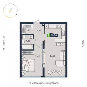 1-комнатная квартира: Екатеринбург, Машинная улица, 1В/4 (53.08 м)