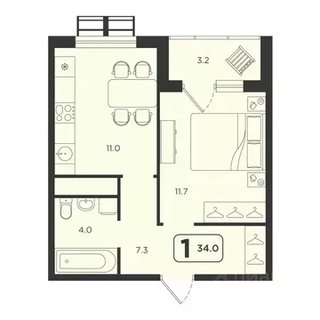 1-к кв. Тюменская область, Тюмень  (34.0 м)