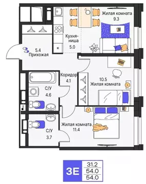 3-к кв. Пермский край, Пермь ул. Карла Модераха, 7 (54.0 м)