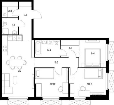 3-к кв. Татарстан, Казань ул. Анаса Тазетдинова, 1к9 (87.8 м)