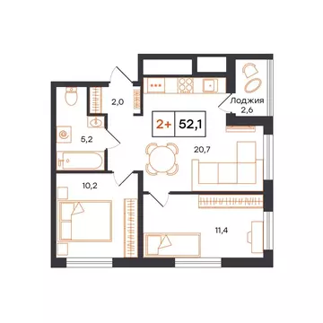 2-комнатная квартира: Тюмень, микрорайон ДОК (52.1 м)