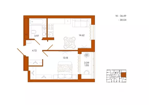1-к кв. Пензенская область, Пенза Терра жилой комплекс (38.04 м)
