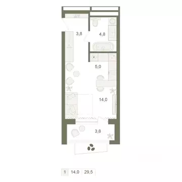 1-к кв. Башкортостан, Уфа Родина Парк жилой комплекс (29.5 м)