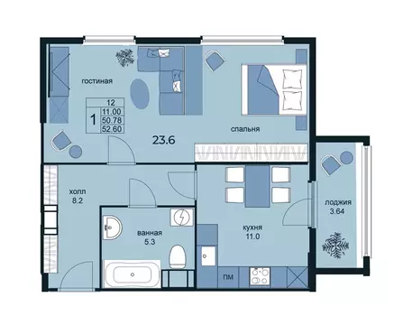 2-комнатная квартира: Санкт-Петербург, улица Крыленко, 14с3 (52.6 м)