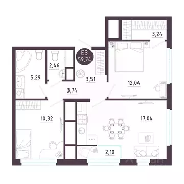 2-к кв. Рязанская область, Рязань Московское ш. (59.74 м)