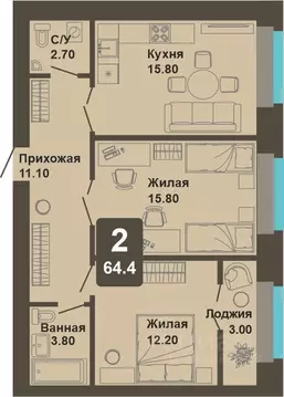 2-к кв. Чувашия, Чебоксары ул. И.П. Прокопьева (64.4 м)