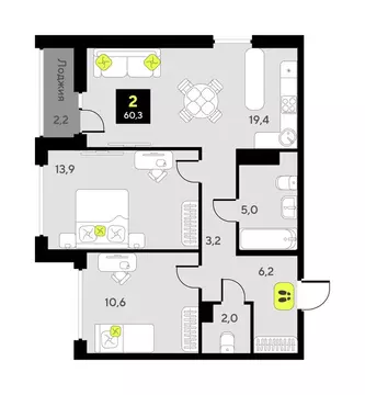 2-комнатная квартира: Тюмень, улица Разведчика Кузнецова, 9 (60.3 м)