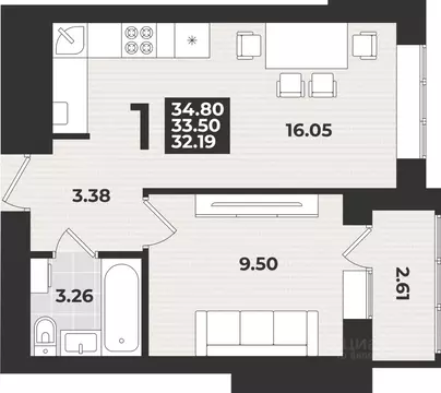 1-к кв. Калининградская область, Калининград ул. Героя России ...