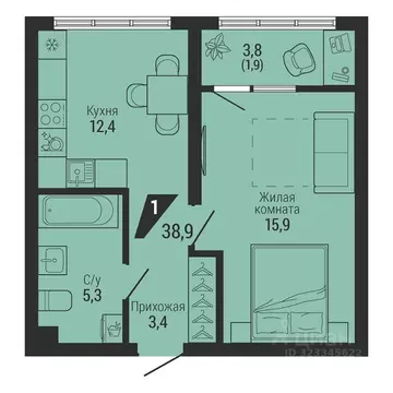 1-к кв. Свердловская область, Екатеринбург Вторчермет жилрайон,  (38.9 ...