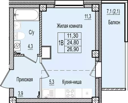 1-к кв. Псковская область, Псков Крестовское ш., 6 (26.9 м)