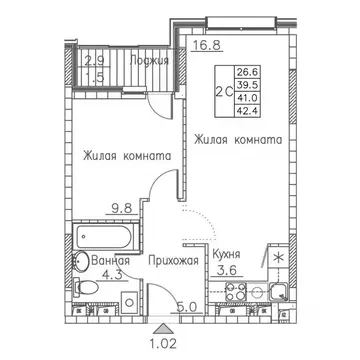 2-к кв. Приморский край, Владивосток ул. Расула Гамзатова, 7к1 (42.4 ...