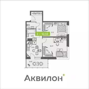 2-к кв. Архангельская область, Архангельск ул. Валявкина, 38к3 (52.52 ...