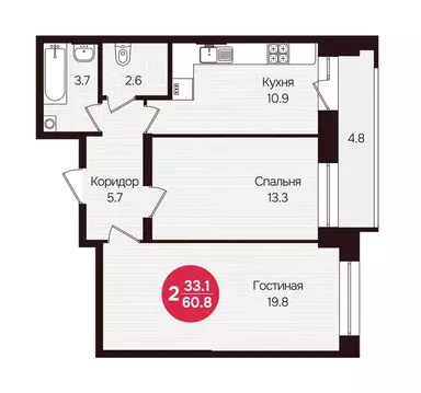 2-комнатная квартира: Новочебоксарск, улица 10-й Пятилетки, 5 (60.8 м)