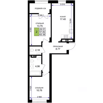 2-к кв. Калининградская область, Гурьевск Включи жилой комплекс (62.36 ...