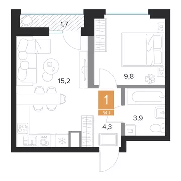 1-комнатная квартира: Курск, ЖК Парковый квартал Чувства (34.1 м)