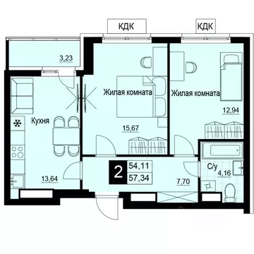 2-к кв. Самарская область, Самара АмГрад жилой комплекс (56.42 м)
