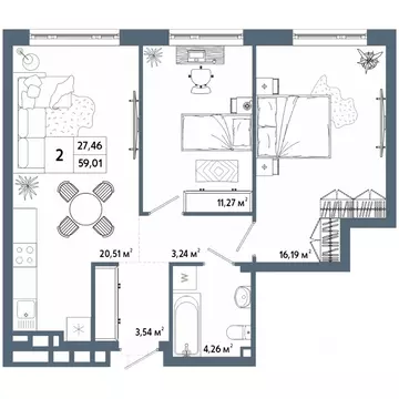 2-к кв. Башкортостан, Уфа 42-й кв-л,  (58.97 м)